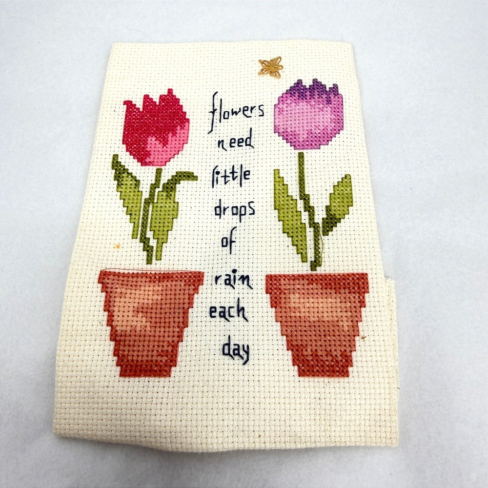 Handmade Cross Stitch Flowers Need Rain Wall Art Decor VTG NO Frame* Cottagecore